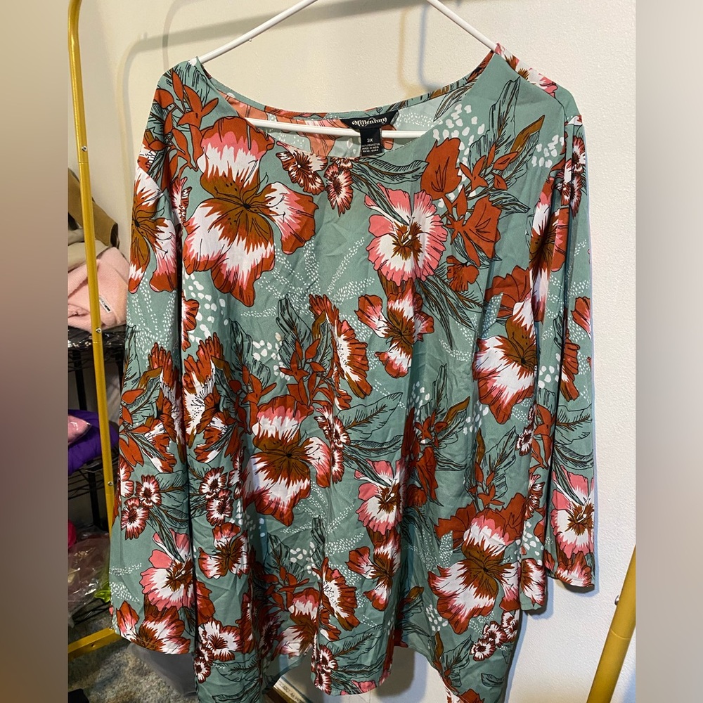 Woman Within Floral Teal and Orange Blouse